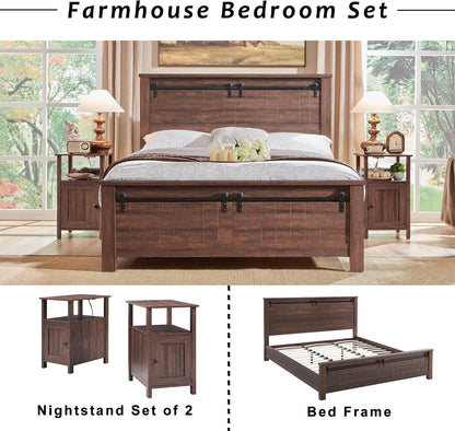 Nightstand Set of 2 with Charging Station, Farmhouse Bedside Tables with USB Ports, Storage & Barn Door Design