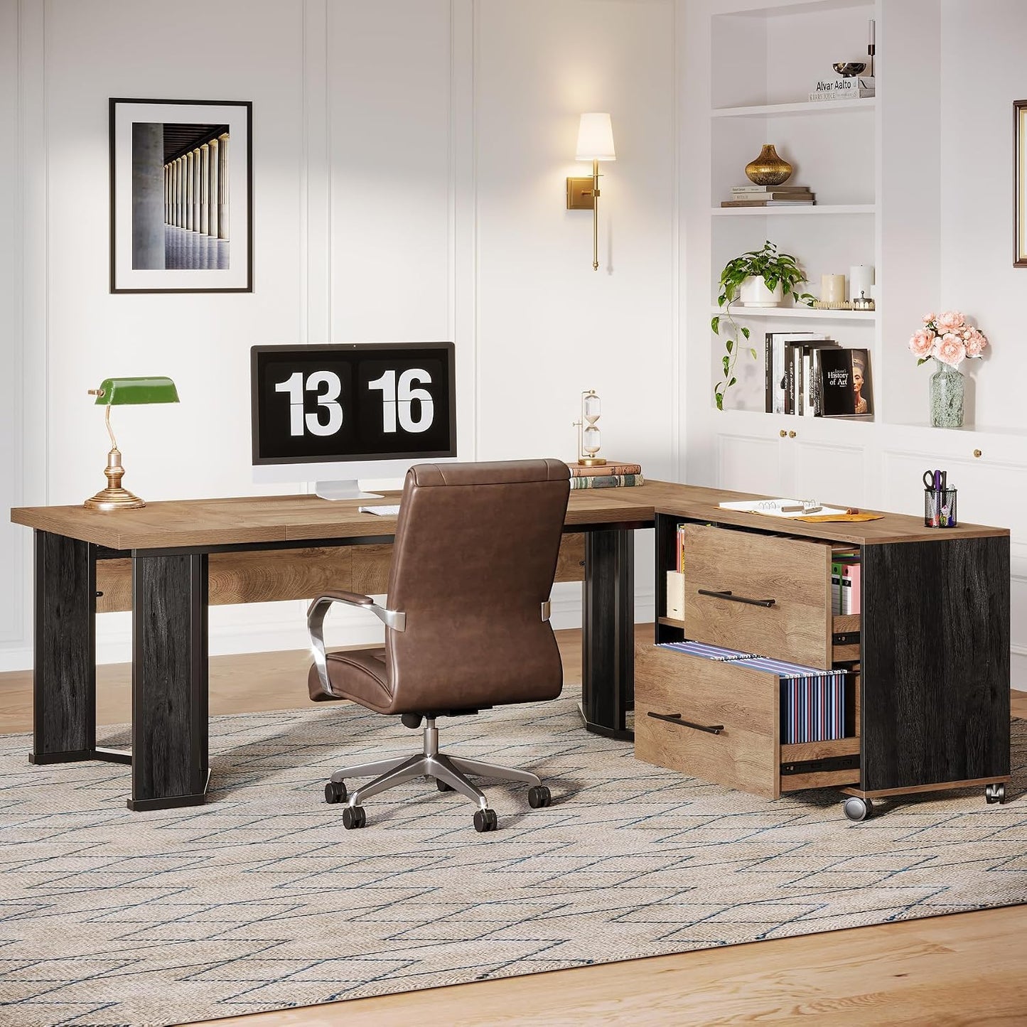 70.86” Executive Office Desk with Mobile File Cabinet, L-Shaped Computer Desk with Storage Drawers, Large Workspace Study Table with Wheels for Home Office