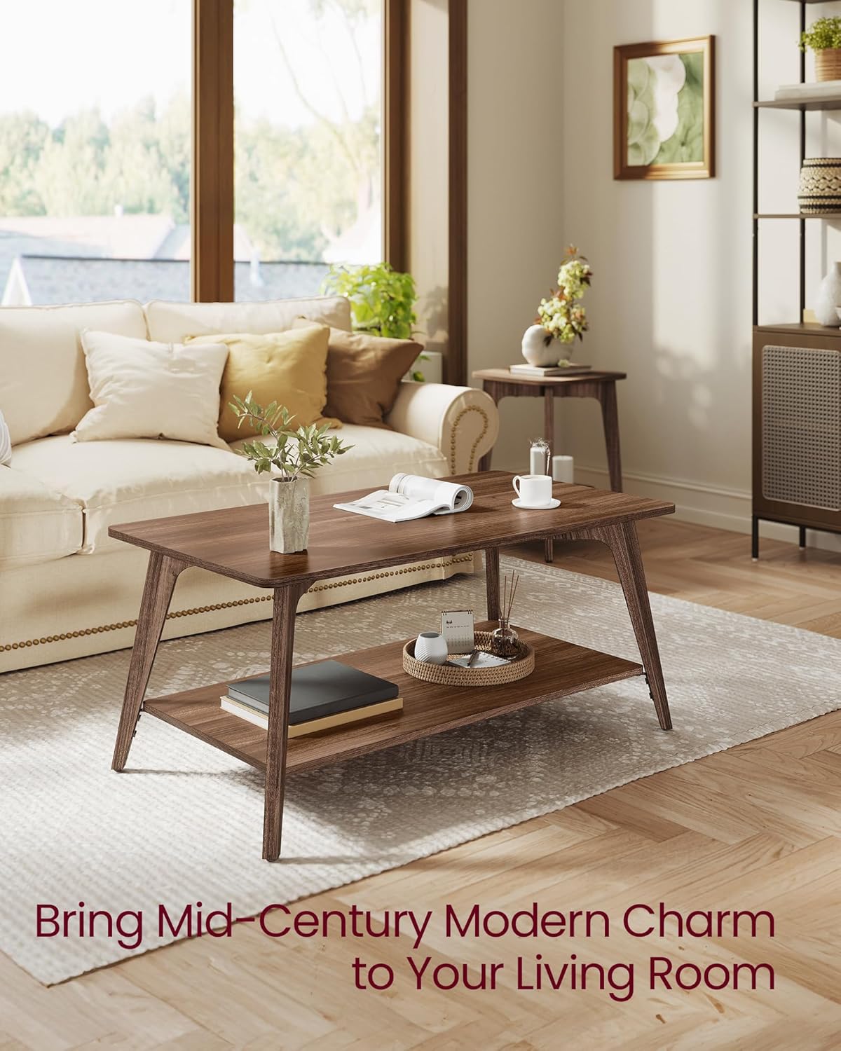 2-Tier Coffee Table with Storage Shelf, Mid-Century Modern Living Room Center Table, Sturdy Sofa Table with Open Shelf for Apartment & Home Use