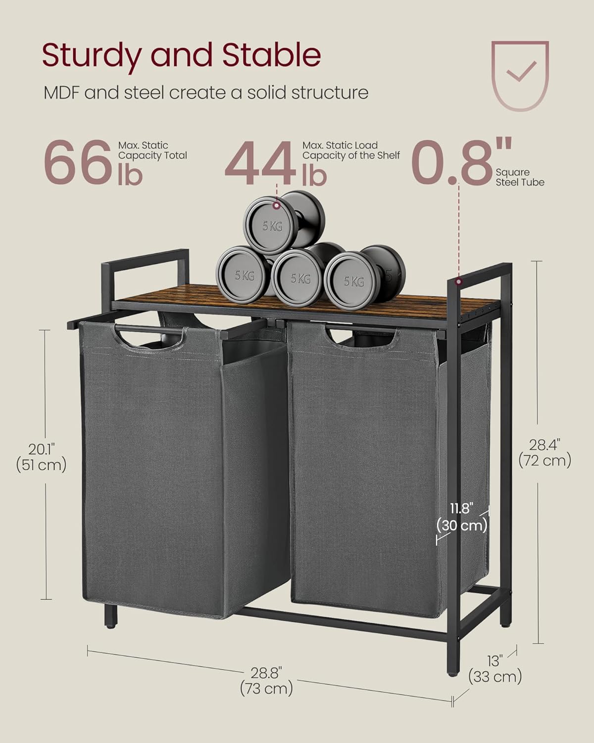 2-Section Laundry Hamper with Shelf, Removable Bags & Sturdy Steel Frame for Easy Sorting