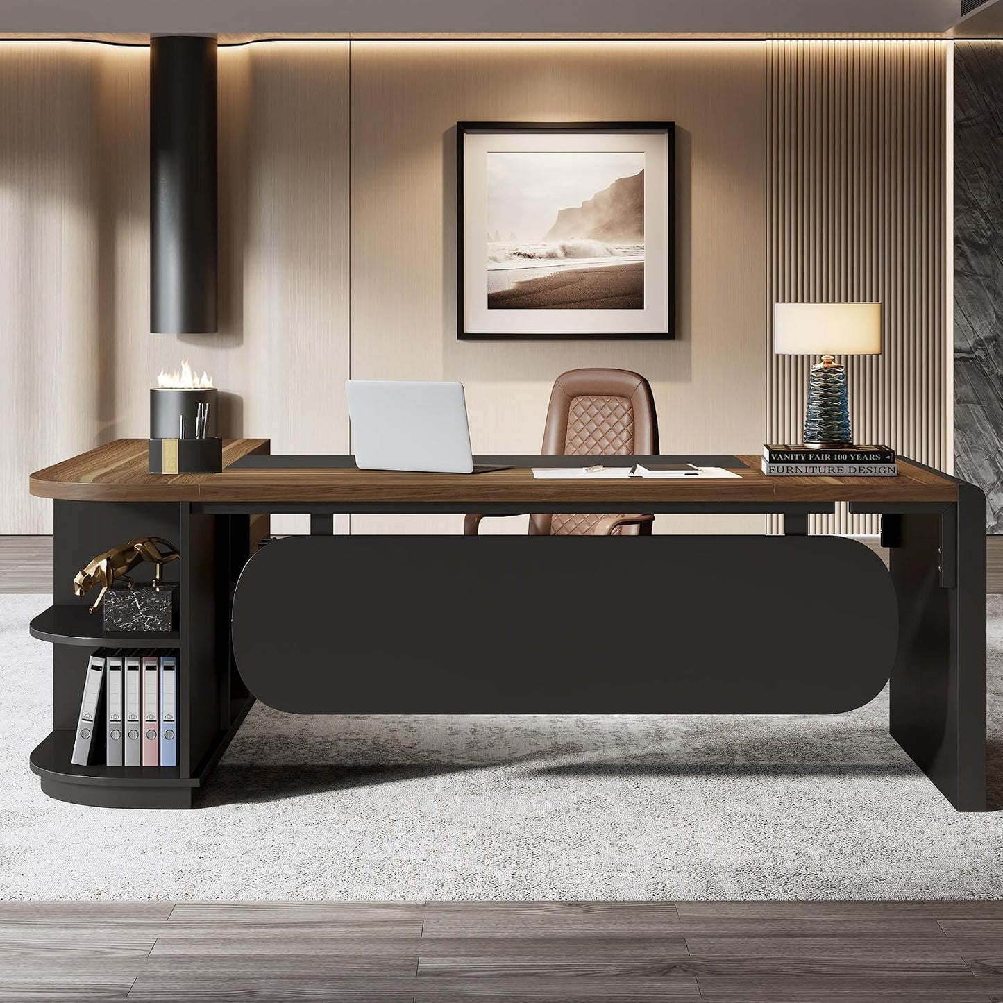80.7” L-Shaped Executive Office Desk with 55” Storage Cabinet, Modern Business Desk with Drawers & File Storage for Home Office