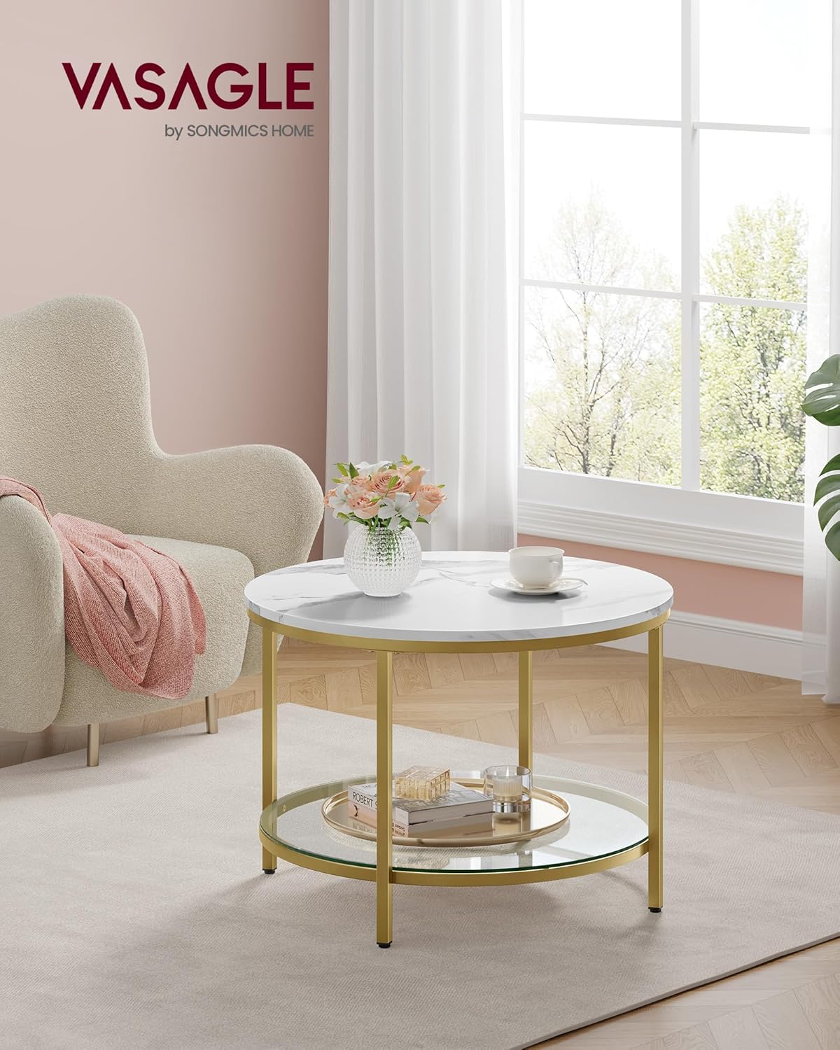 Marble Coffee Table with Glass Shelf and Gold Steel Frame, Modern Minimalist Center Table with Storage Shelf for Living Room Sofa and Lounge Area