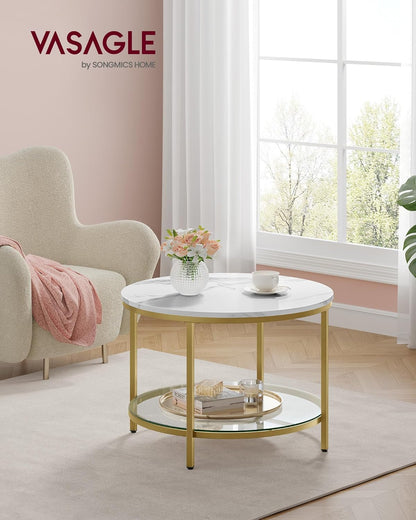 Marble Coffee Table with Glass Shelf and Gold Steel Frame, Modern Minimalist Center Table with Storage Shelf for Living Room Sofa and Lounge Area