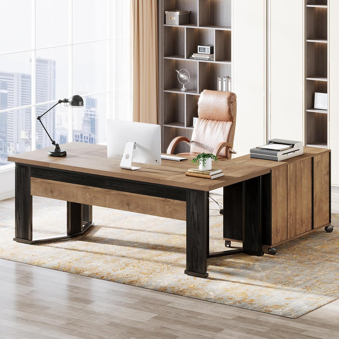 70.86” Executive Office Desk with Mobile File Cabinet, L-Shaped Computer Desk with Storage Drawers, Large Workspace Study Table with Wheels for Home Office