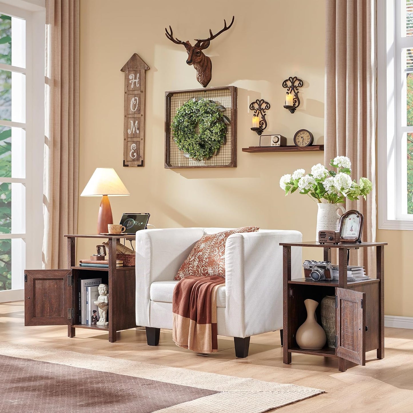 Nightstand Set of 2 with Charging Station, Farmhouse Bedside Tables with USB Ports, Storage & Barn Door Design