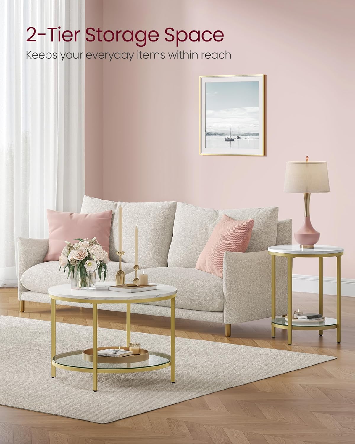 Marble Coffee Table with Glass Shelf and Gold Steel Frame, Modern Minimalist Center Table with Storage Shelf for Living Room Sofa and Lounge Area