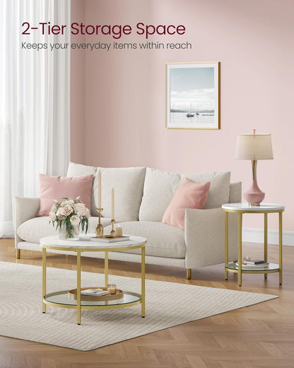 Marble Coffee Table with Glass Shelf and Gold Steel Frame, Modern Minimalist Center Table with Storage Shelf for Living Room Sofa and Lounge Area