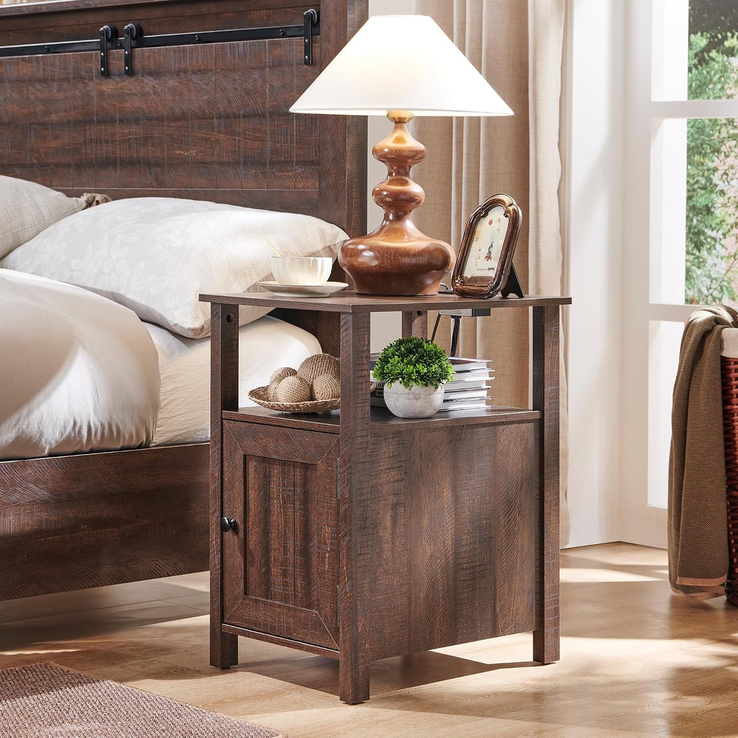 Nightstand Set of 2 with Charging Station, Farmhouse Bedside Tables with USB Ports, Storage & Barn Door Design