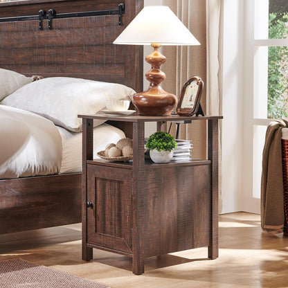 Nightstand Set of 2 with Charging Station, Farmhouse Bedside Tables with USB Ports, Storage & Barn Door Design