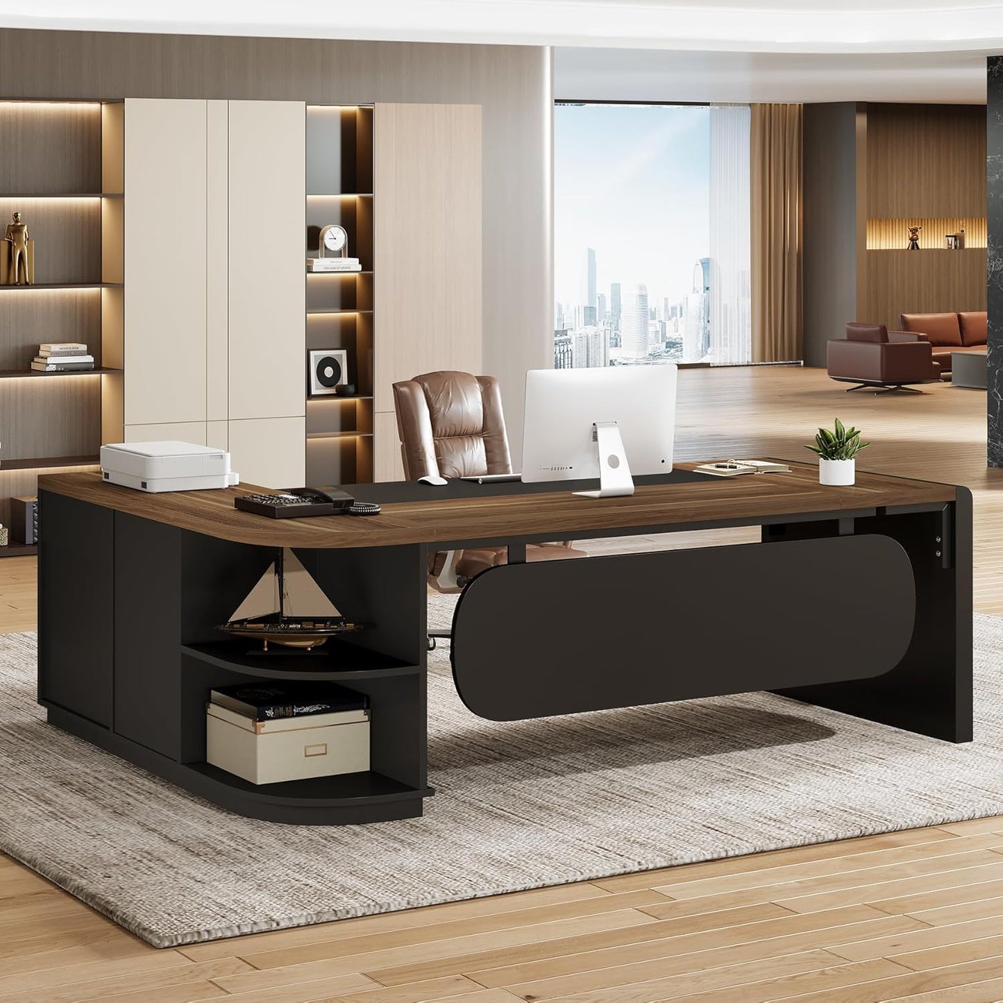 80.7” L-Shaped Executive Office Desk with 55” Storage Cabinet, Modern Business Desk with Drawers & File Storage for Home Office