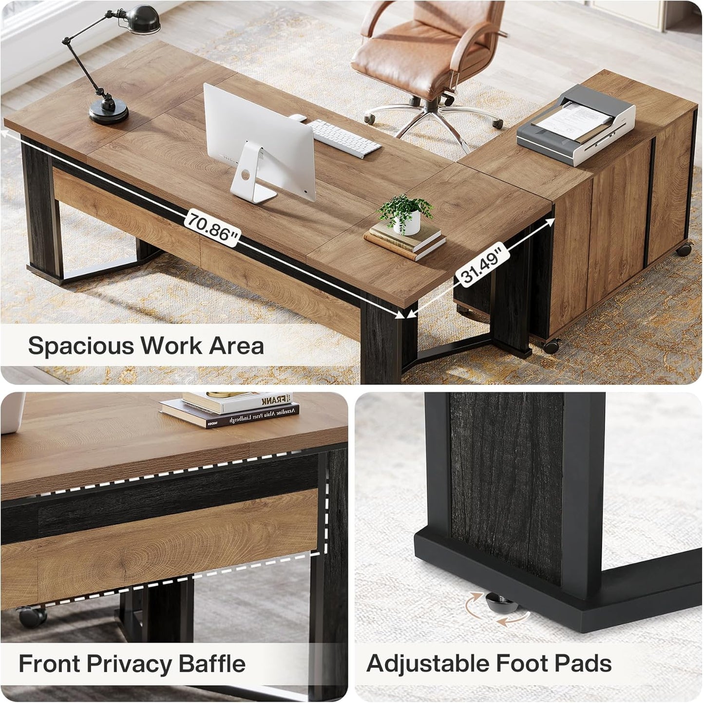 70.86” Executive Office Desk with Mobile File Cabinet, L-Shaped Computer Desk with Storage Drawers, Large Workspace Study Table with Wheels for Home Office