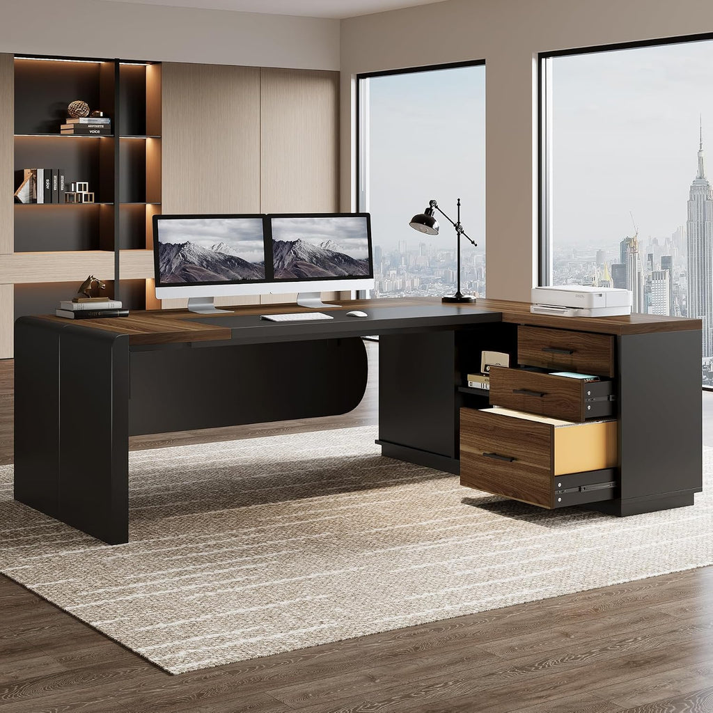 80.7” L-Shaped Executive Office Desk with 55” Storage Cabinet, Modern Business Desk with Drawers & File Storage for Home Office