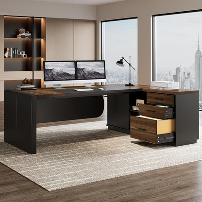 80.7” L-Shaped Executive Office Desk with 55” Storage Cabinet, Modern Business Desk with Drawers & File Storage for Home Office