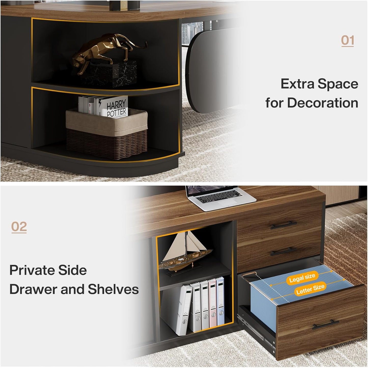 80.7” L-Shaped Executive Office Desk with 55” Storage Cabinet, Modern Business Desk with Drawers & File Storage for Home Office