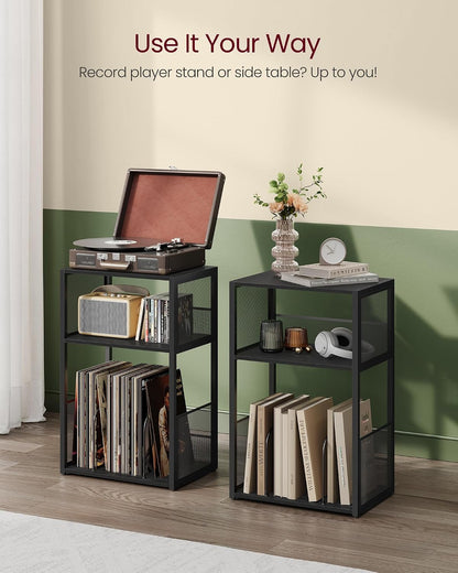 Vinyl Record Storage Stand with 3-Tier Shelves, Turntable Table with Album Organizer Rack, Industrial Side Table for Living Room Bedroom Media Storage