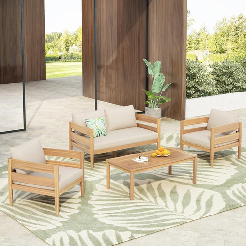 4-Piece Acacia Wood Patio Furniture Set with Loveseat, Club Chairs & Slatted Coffee Table, Outdoor Conversation Set for Patio, Garden & Deck