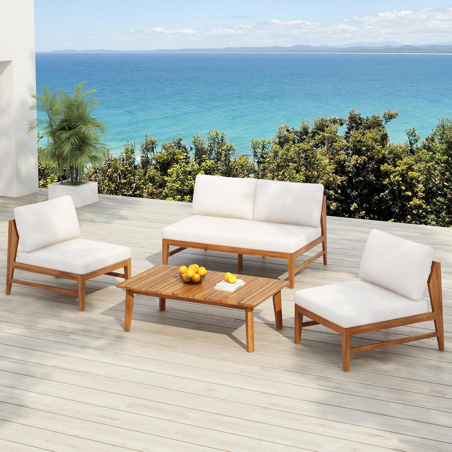 4-Piece Acacia Wood Patio Furniture Set with Loveseat, Armless Chairs & Coffee Table, Outdoor Conversation Set with Cushions for Backyard, Patio & Balcony