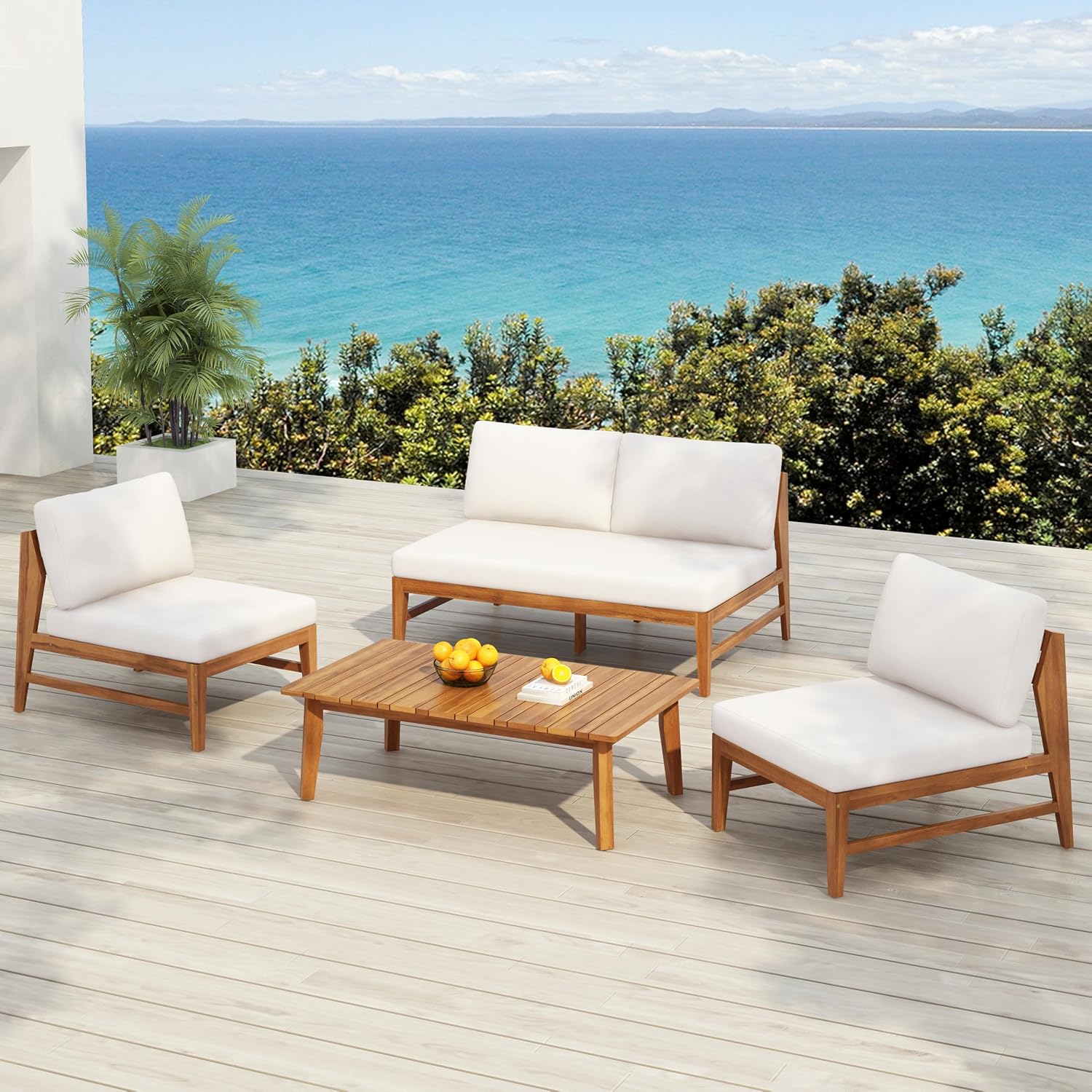 4-Piece Acacia Wood Patio Furniture Set with Loveseat, Armless Chairs & Coffee Table, Outdoor Conversation Set with Cushions for Backyard, Patio & Balcony