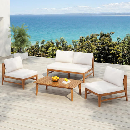 4-Piece Acacia Wood Patio Furniture Set with Loveseat, Armless Chairs & Coffee Table, Outdoor Conversation Set with Cushions for Backyard, Patio & Balcony