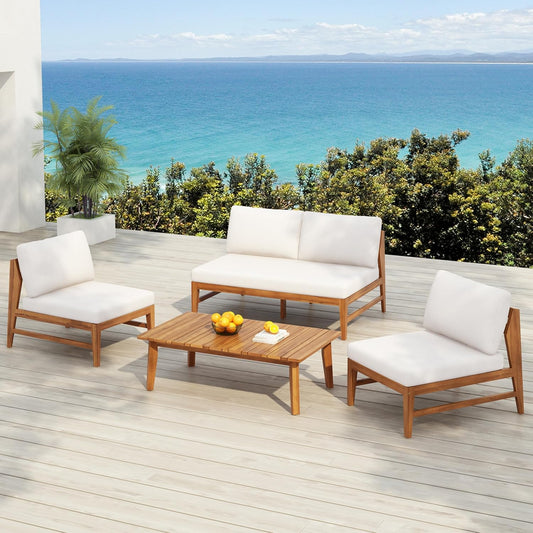 4-Piece Acacia Wood Patio Furniture Set with Loveseat, Armless Chairs & Coffee Table, Outdoor Conversation Set with Cushions for Backyard, Patio & Balcony