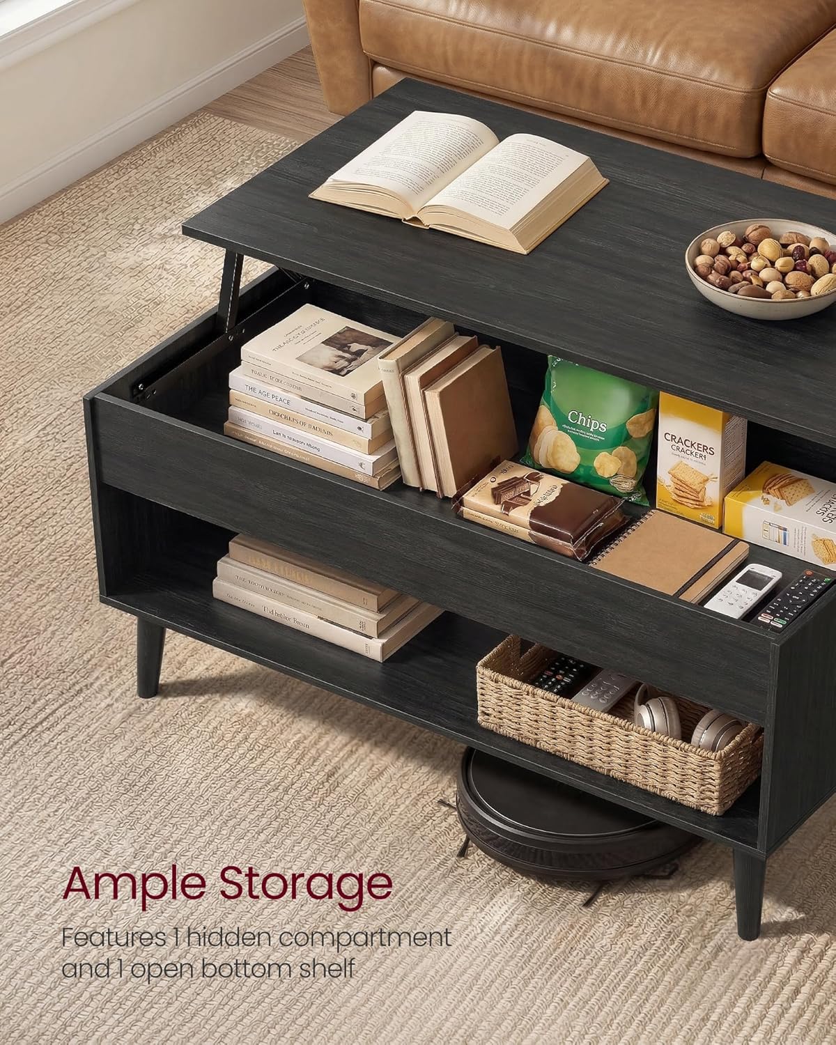 Lift-Top Coffee Table with Hidden Storage, Mid-Century Modern Design, Adjustable Tabletop & Open Shelf for Living Room Organization