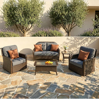 5-Piece Outdoor Patio Furniture Set with 360° Swivel Chairs, Loveseat, Coffee Table & Side Table, PE Rattan Patio Conversation Set for Backyard, Porch & Poolside