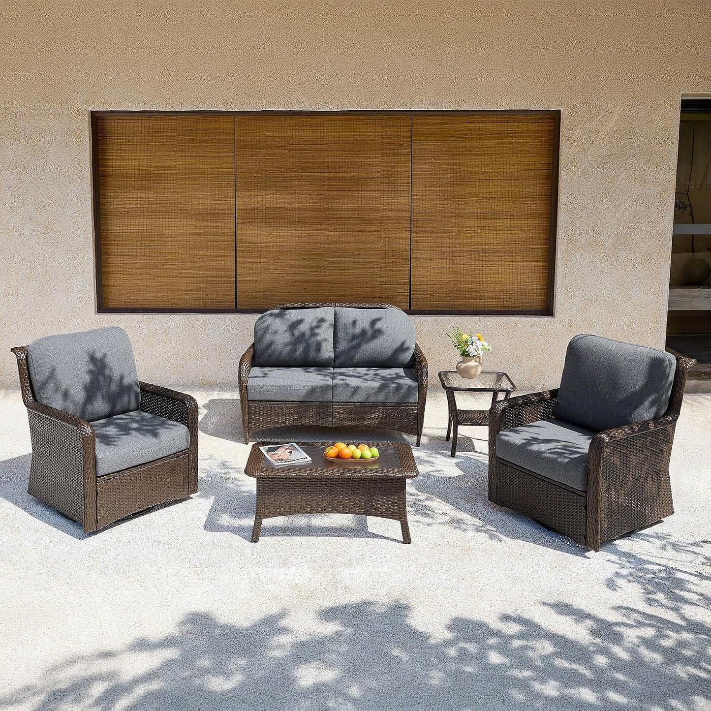 5-Piece Outdoor Patio Furniture Set with 360° Swivel Chairs, Loveseat, Coffee Table & Side Table, PE Rattan Patio Conversation Set for Backyard, Porch & Poolside
