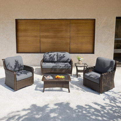 5-Piece Outdoor Patio Furniture Set with 360° Swivel Chairs, Loveseat, Coffee Table & Side Table, PE Rattan Patio Conversation Set for Backyard, Porch & Poolside