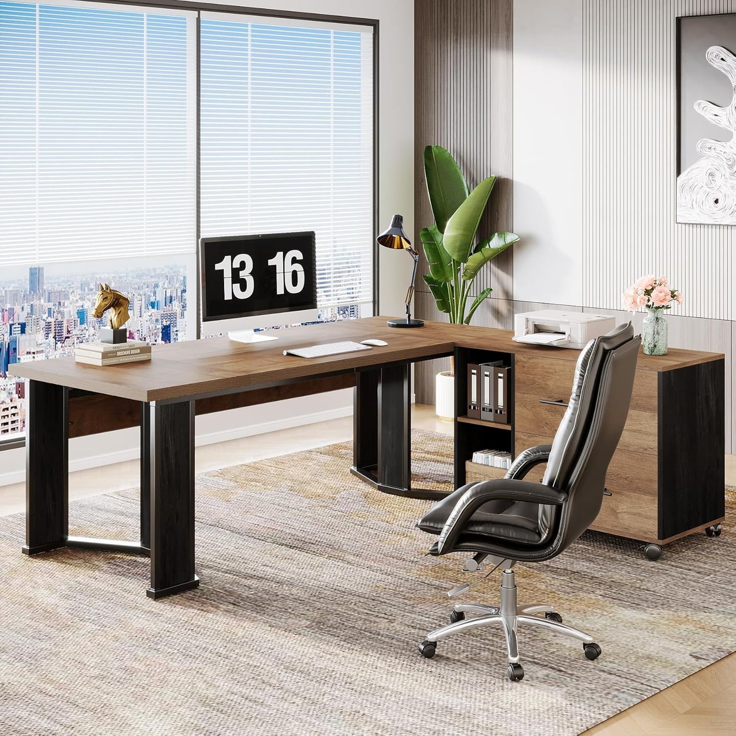 70.86” Executive Office Desk with Mobile File Cabinet, L-Shaped Computer Desk with Storage Drawers, Large Workspace Study Table with Wheels for Home Office