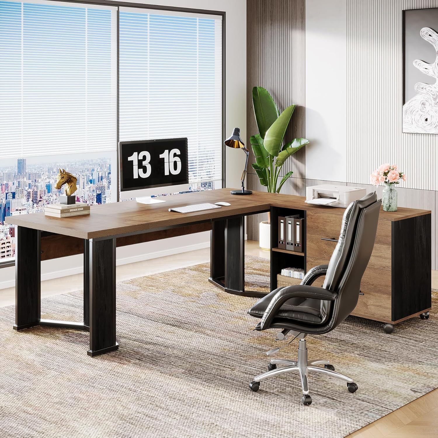 70.86” Executive Office Desk with Mobile File Cabinet, L-Shaped Computer Desk with Storage Drawers, Large Workspace Study Table with Wheels for Home Office