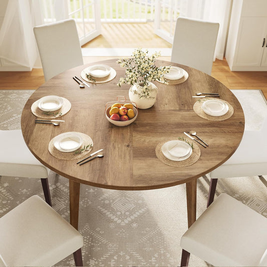 Round Dining Table 47.2” for 4–6 People, Mid-Century Modern Kitchen Table with Solid Wood Legs, Heat-Resistant Tabletop for Dining Room & Home Use