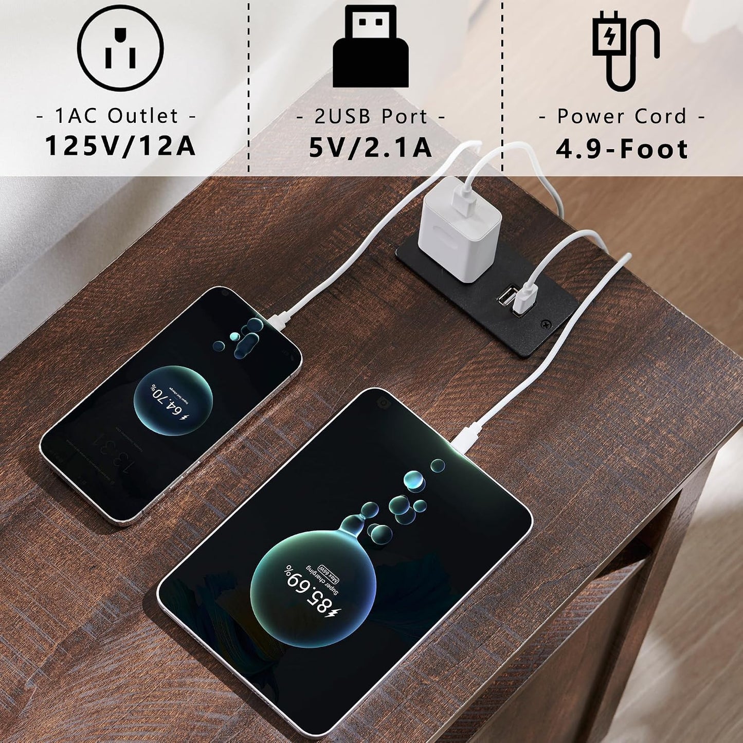 Nightstand Set of 2 with Charging Station, Farmhouse Bedside Tables with USB Ports, Storage & Barn Door Design