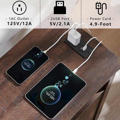 Nightstand Set of 2 with Charging Station, Farmhouse Bedside Tables with USB Ports, Storage & Barn Door Design